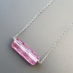 Collana Girocollo Con Catena Rodiato Argento 925 E Cristallo Di Rocca Diamantata Taglio Cilindro Sfaccettato A Mano 1Pz
