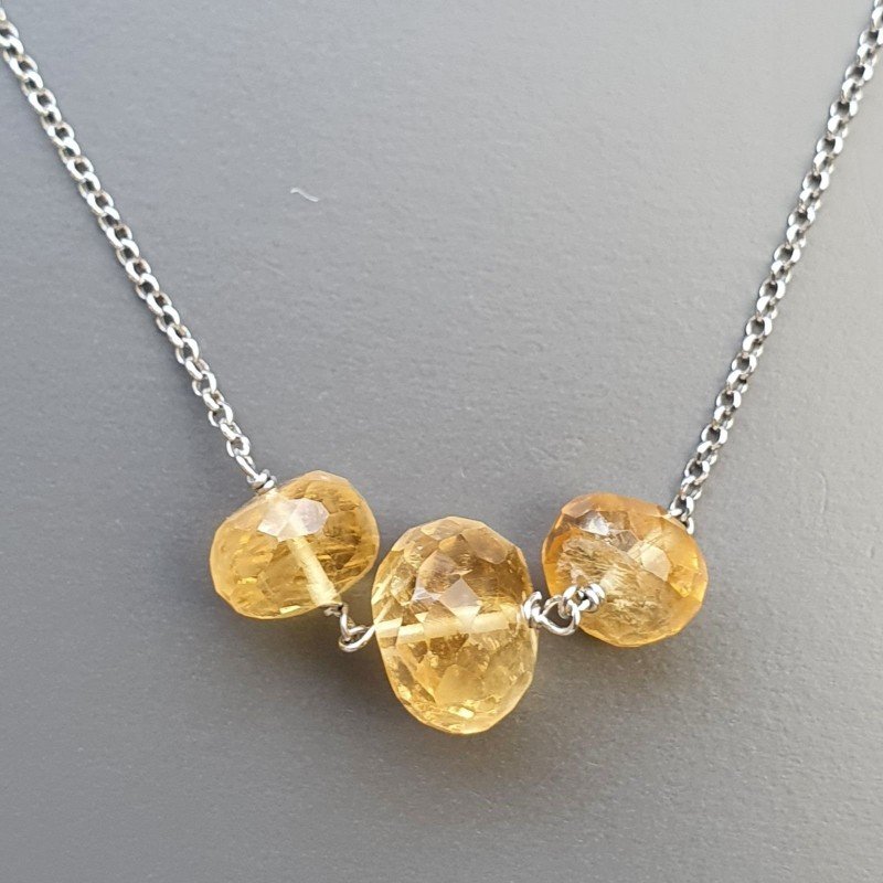 Collana Girocollo Con Catena Rodiato Argento 925 E Quarzo Citrino Taglio Rondelle Sfaccettato A Mano 1Pz