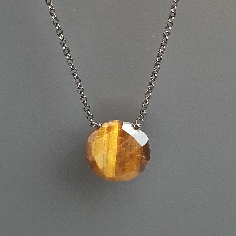Collana Girocollo Con Catena Brunito Argento 925 E Occhio Di Tigre Taglio Briolette Sfaccettato A Mano 1Pz Collana Girocollo Con Catena Brunito Argento 925 E Occhio Di Tigre Taglio Briolette Sfaccettato A Mano 1Pz