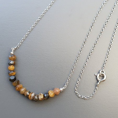 Collana Girocollo Con Catena Rodiato Argento 925 E Occhio Di Tigre Taglio Rondelle Sfaccettato A Mano 1Pz