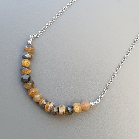 Collana Girocollo Con Catena Rodiato Argento 925 E Occhio Di Tigre Taglio Rondelle Sfaccettato A Mano 1Pz