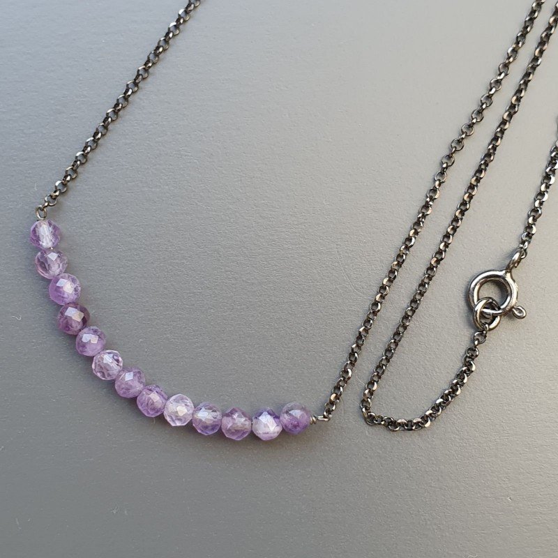 Collana Girocollo Con Catena Brunito Argento 925 E Ametista Braziliana Taglio Tondo Sfaccettato A Mano 1Pz