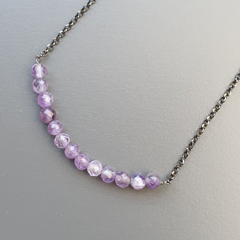 Collana Girocollo Con Catena Brunito Argento 925 E Ametista Braziliana Taglio Tondo Sfaccettato A Mano 1Pz