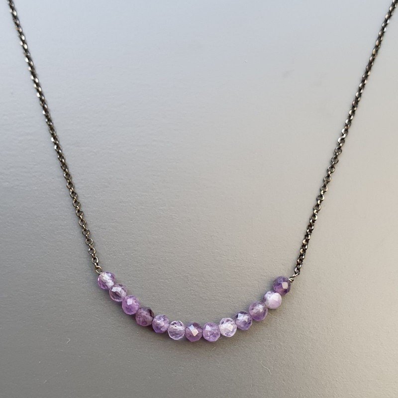 Collana Girocollo Con Catena Brunito Argento 925 E Ametista Braziliana Taglio Tondo Sfaccettato A Mano 1Pz