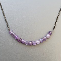 Collana Girocollo Con Catena Brunito Argento 925 E Ametista Braziliana Taglio Tondo Sfaccettato A Mano 1Pz
