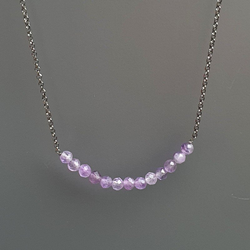 Collana Girocollo Con Catena Brunito Argento 925 E Ametista Braziliana Taglio Tondo Sfaccettato A Mano 1Pz