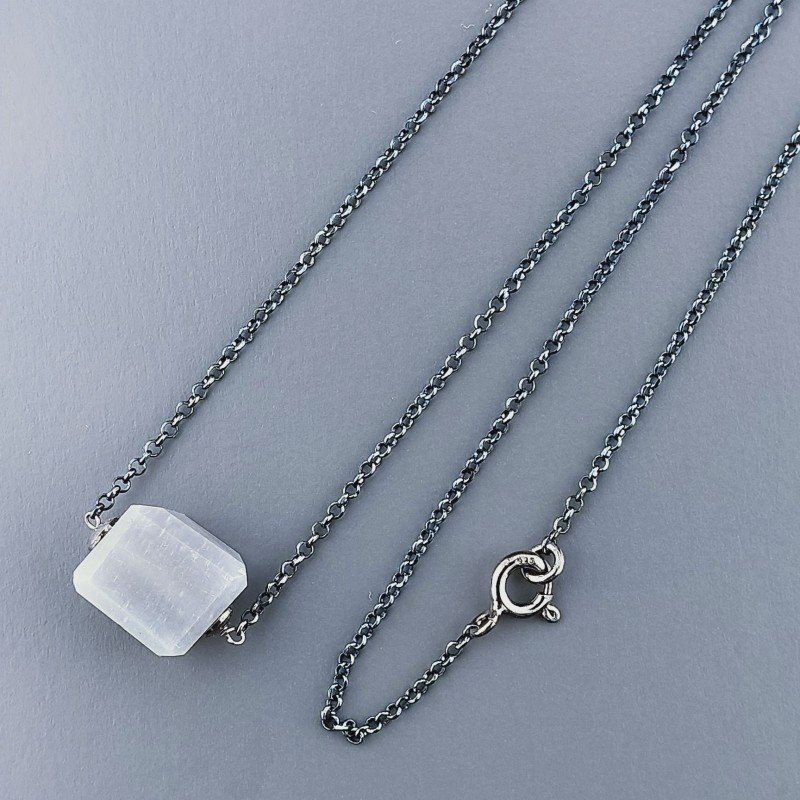 Collana Girocollo Con Catena Brunito Argento 925 E Pietra Di Luna Grigia Taglio Sassi Irregolare Sfaccettato A Mano 1Pz