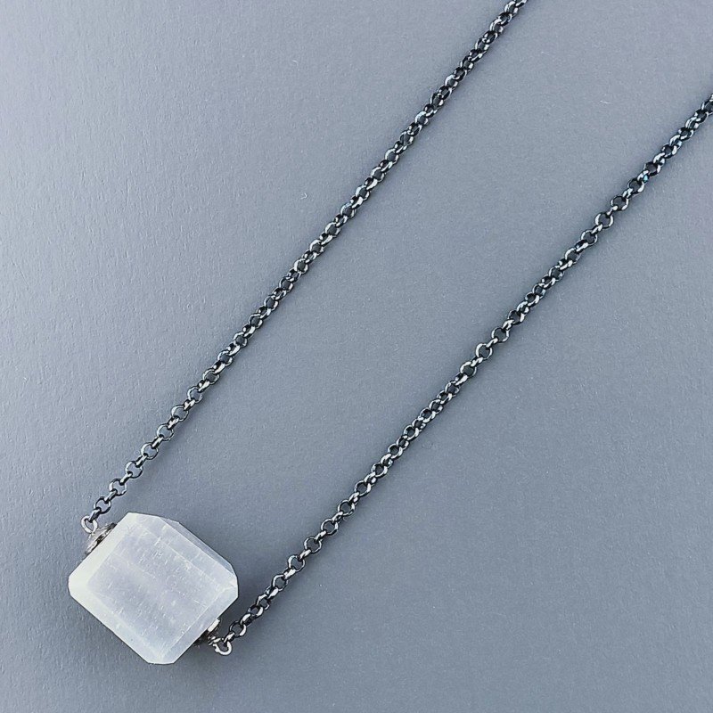 Collana Girocollo Con Catena Brunito Argento 925 E Pietra Di Luna Grigia Taglio Sassi Irregolare Sfaccettato A Mano 1Pz