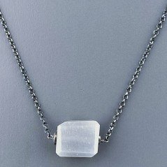 Collana Girocollo Con Catena Brunito Argento 925 E Pietra Di Luna Grigia Taglio Sassi Irregolare Sfaccettato A Mano 1Pz
