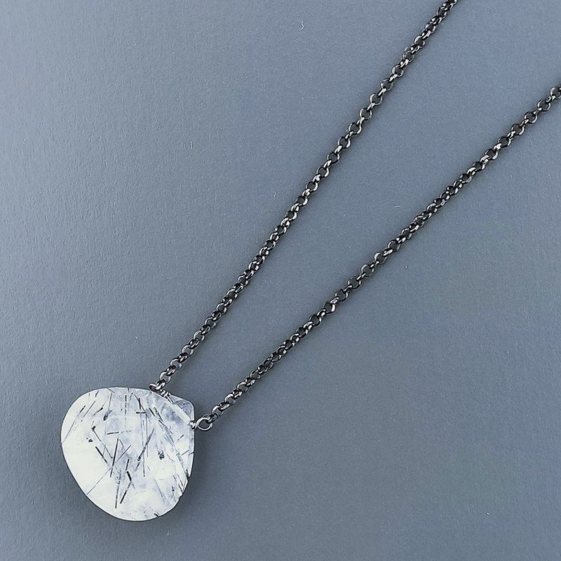 Collana Girocollo Con Catena Brunito Argento 925 E Quarzo Rutillato Tormalinato Taglio Goccia Briolette Sfaccettato A Mano 1Pz