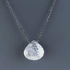 Collana Girocollo Con Catena Brunito Argento 925 E Quarzo Rutillato Tormalinato Taglio Goccia Briolette Sfaccettato A Mano 1Pz