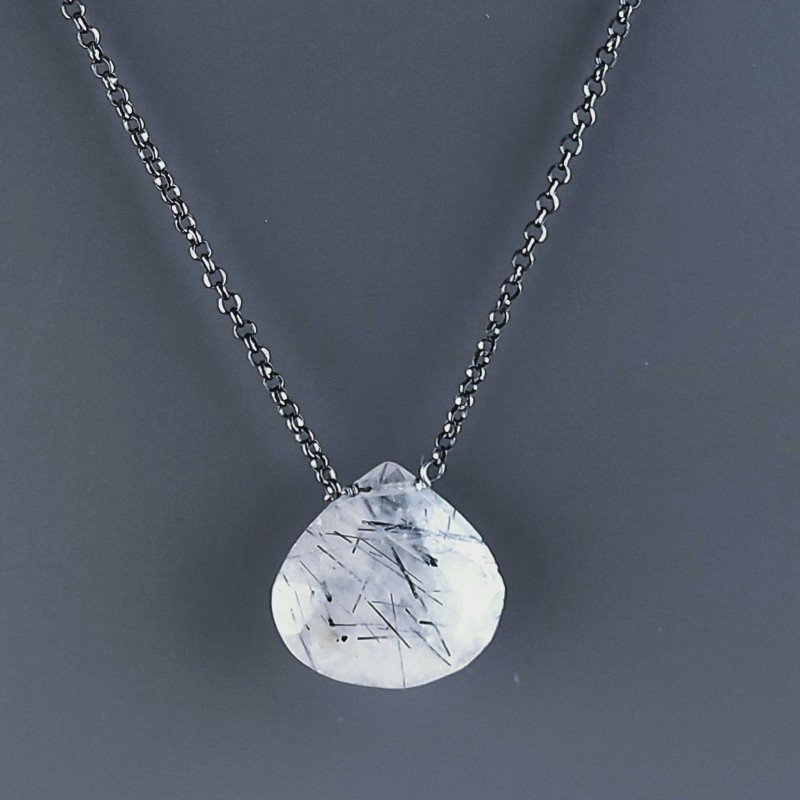 Collana Girocollo Con Catena Brunito Argento 925 E Quarzo Rutillato Tormalinato Taglio Goccia Briolette Sfaccettato A Mano 1Pz