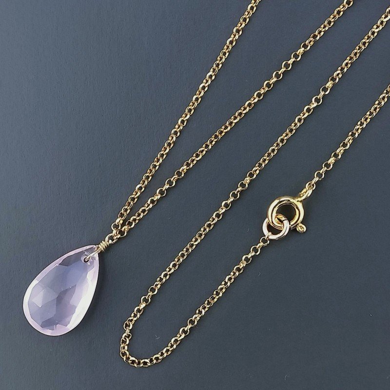 Collana Girocollo Con Catena Dorato Argento 925 E Quarzo Rosa Taglio Goccia Briolette Sfaccettato A Mano 1Pz
