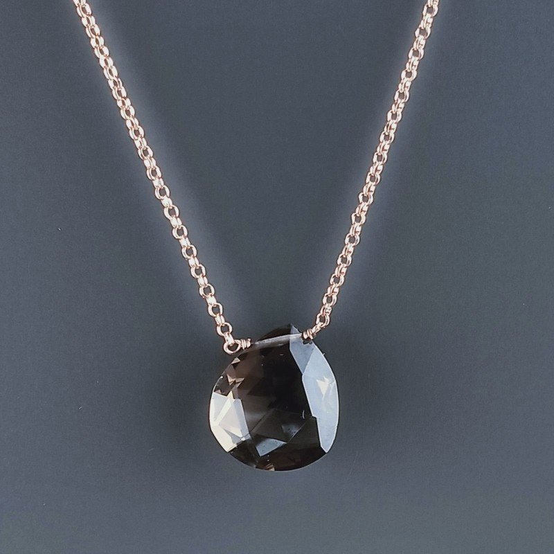 Collana Girocollo Con Catena Oro Rosa Argento 925 E Quarzo Fume Taglio Goccia Briolette Sfaccettato A Mano 1Pz