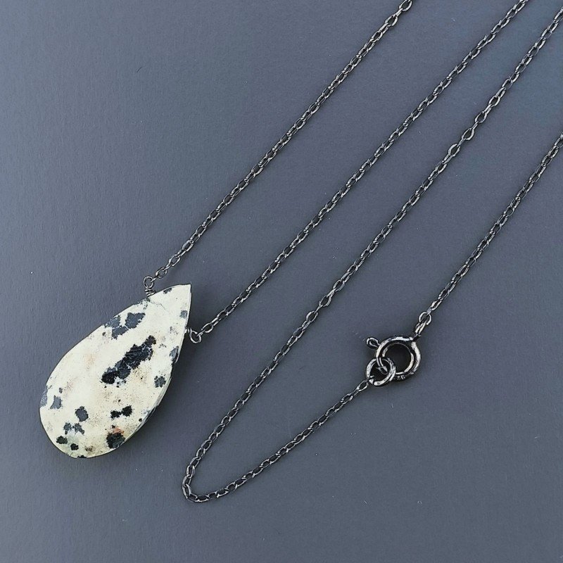 Collana Girocollo Con Catena Brunito Argento 925 E Diaspro Dalmata Taglio Goccia Briolette Sfaccettato A Mano 1Pz