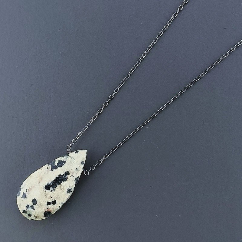 Collana Girocollo Con Catena Brunito Argento 925 E Diaspro Dalmata Taglio Goccia Briolette Sfaccettato A Mano 1Pz
