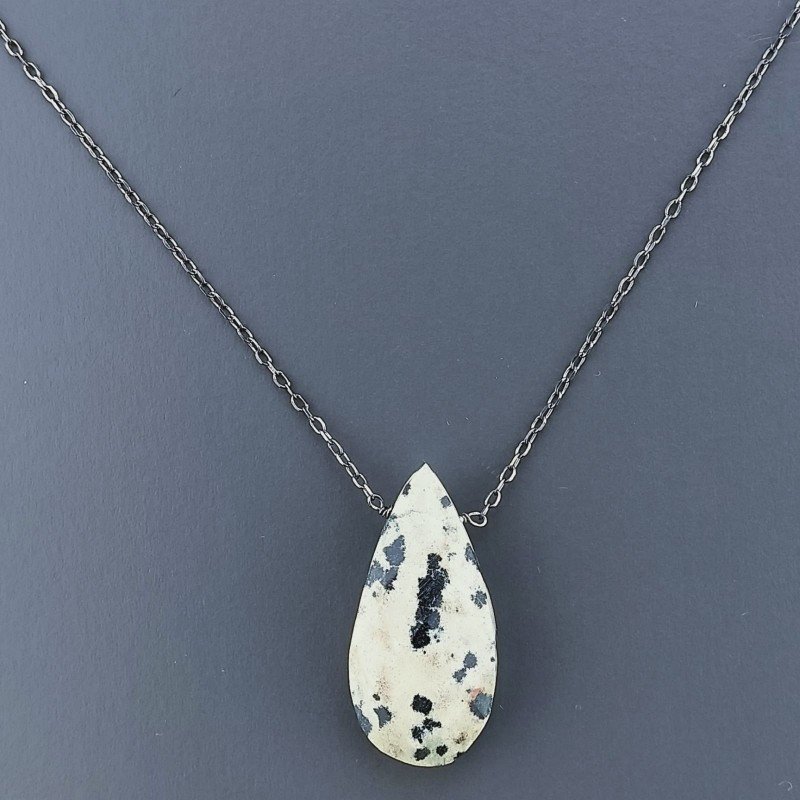 Collana Girocollo Con Catena Brunito Argento 925 E Diaspro Dalmata Taglio Goccia Briolette Sfaccettato A Mano 1Pz