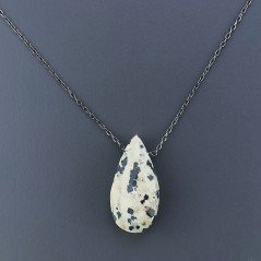 Collana Girocollo Con Catena Brunito Argento 925 E Diaspro Dalmata Taglio Goccia Briolette Sfaccettato A Mano 1Pz