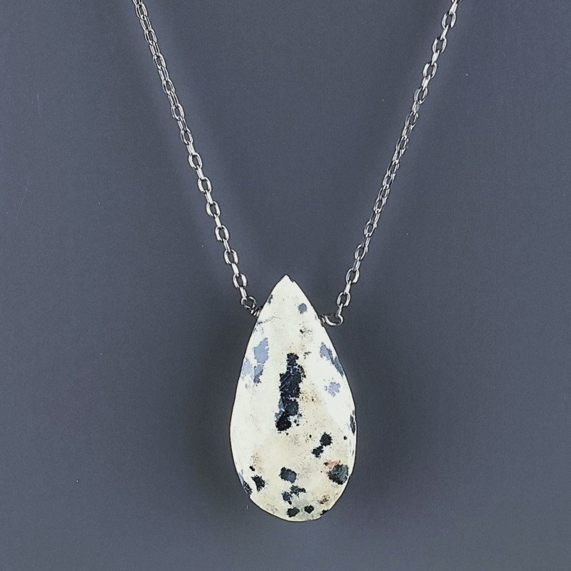 Collana Girocollo Con Catena Brunito Argento 925 E Diaspro Dalmata Taglio Goccia Briolette Sfaccettato A Mano 1Pz