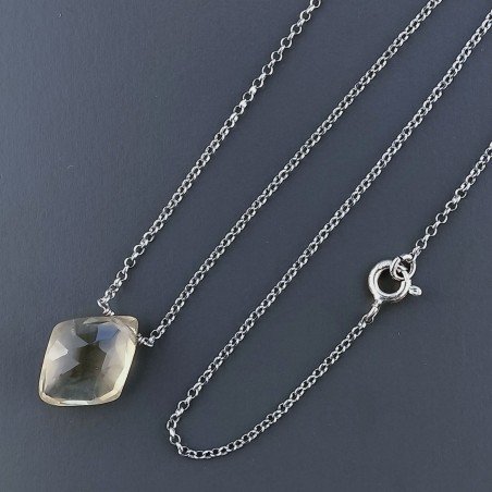 Collana Girocollo Con Catena Rodiato Argento 925 E Quarzo Limone Taglio Fantasia Briolette Sfaccettato A Mano 1Pz