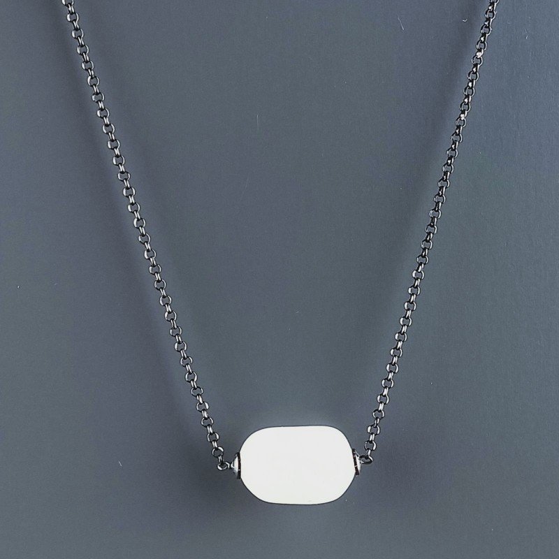 Collana Girocollo Con Catena Brunito Argento 925 E Pietra Di Luna(Adularia) Taglio Cilindro Liscio A Mano 1Pz