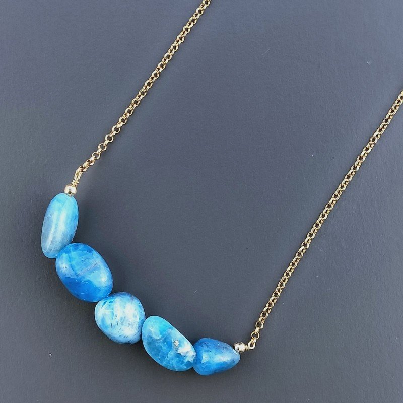 Collana Girocollo Con Catena Dorato Argento 925 E Apatite Taglio Sassi Irregolare Liscio A Mano 1Pz