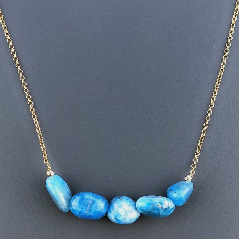 Collana Girocollo Con Catena Dorato Argento 925 E Apatite Taglio Sassi Irregolare Liscio A Mano 1Pz