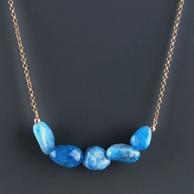 Collana Girocollo Con Catena Dorato Argento 925 E Apatite Taglio Sassi Irregolare Liscio A Mano 1Pz