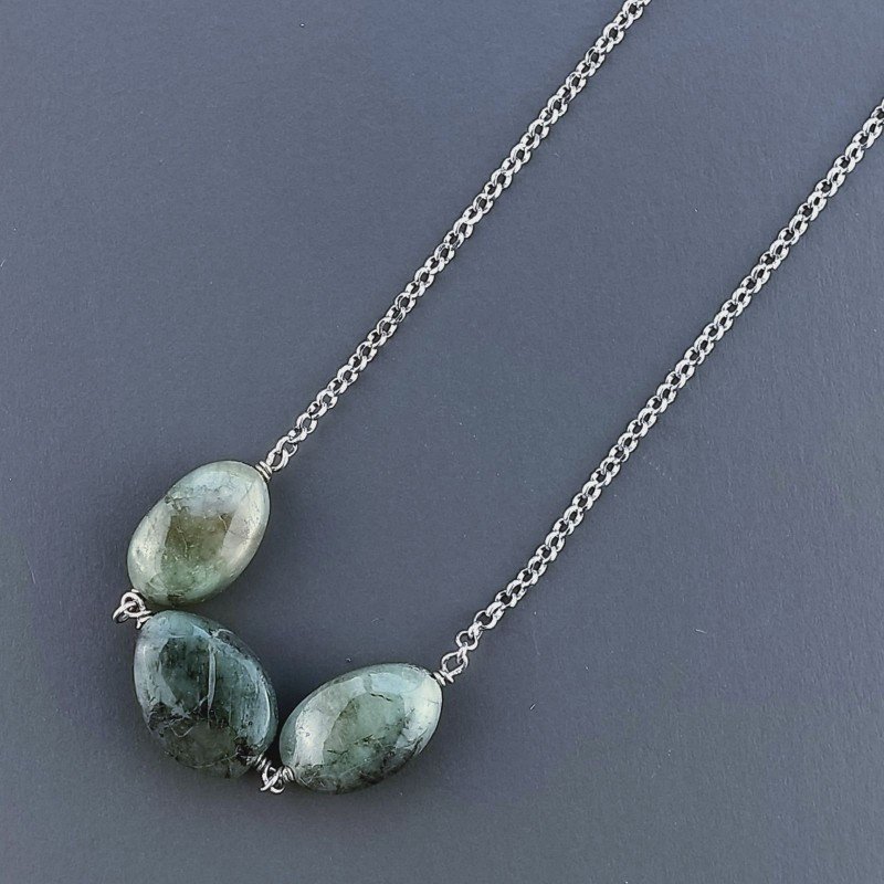 Collana Girocollo Con Catena Dorato Argento 925 E Radice Di Smeraldo Taglio Ovale Irregolare Liscio A Mano 1Pz