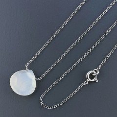 Collana Girocollo Con Catena Rodiato Argento 925 E Pietra Di Luna (Adularia) Taglio Goccia Briolette Sfaccettato A Mano 1Pz