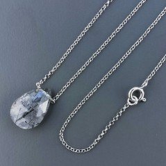 Collana Girocollo Con Catena Rodiato Argento 925 E Quarzo Rutillato Tormalinato Taglio Goccia Briolette Sfaccettato A Mano 1Pz