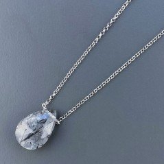 Collana Girocollo Con Catena Rodiato Argento 925 E Quarzo Rutillato Tormalinato Taglio Goccia Briolette Sfaccettato A Mano 1Pz