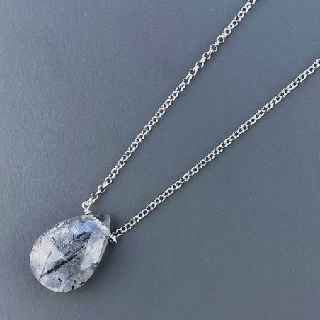 Collana Girocollo Con Catena Rodiato Argento 925 E Quarzo Rutillato Tormalinato Taglio Goccia Briolette Sfaccettato A Mano 1Pz