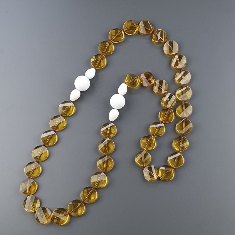 Collana Con Pietre Dure Quarzo Citrino Idrotermale,Agata Bianca E Conchiglia Annodato A Mano
