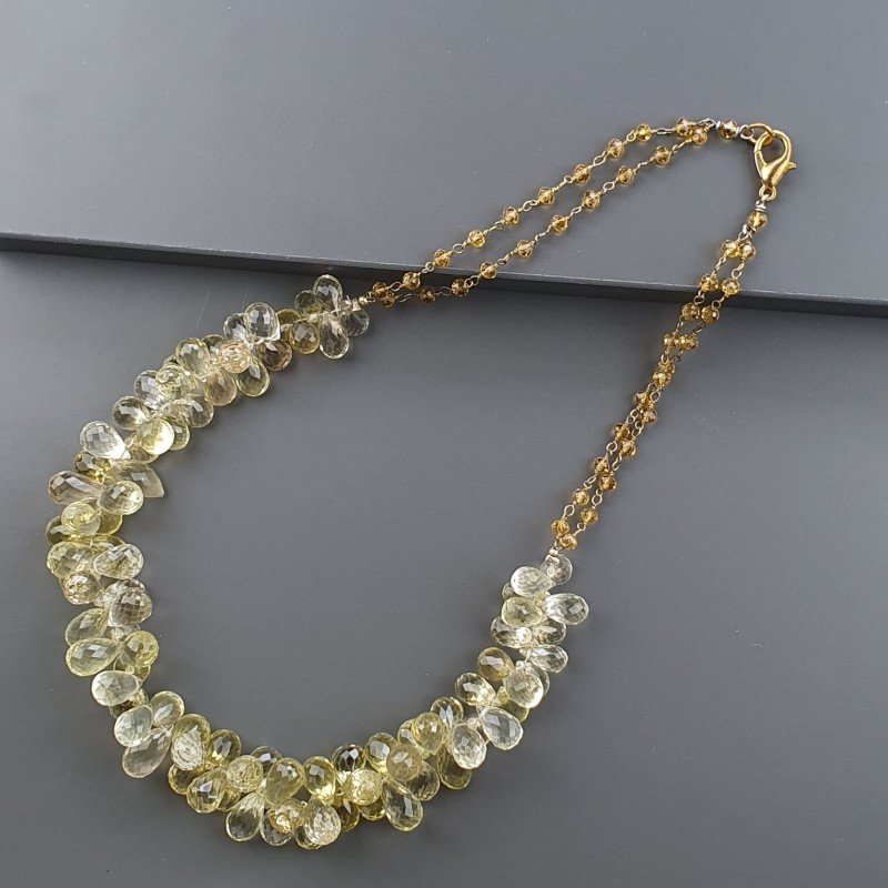 Collana Girocollo Nodo Orafo Dorato in Quarzo Limone Naturale Gocce Sfaccettato E Chiusura In Argento 925 Annodato A Mano