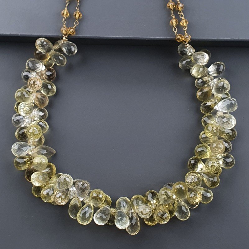 Collana Girocollo Nodo Orafo Dorato in Quarzo Limone Naturale Gocce Sfaccettato E Chiusura In Argento 925 Annodato A Mano