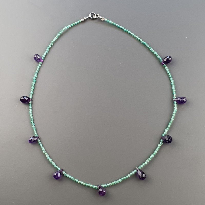 Collana Girocollo Con Pietre Dure Avventurina Verde E Ametista Africana Gocce Sfaccettato E Chiusra In Argento 925 A Mano