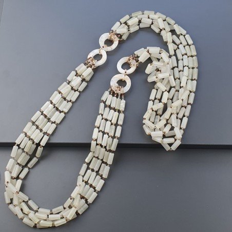 Collana Con Pietre Dure Giada Naturale,Agata Brasiliana Marrone E Calcite Cerchietti A 5 Fili A Mano