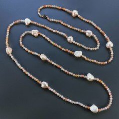 Collana Lunga Pietre Dure Agata Brasiliana Pesca Con Perle Di Fiume Beige Barocche 120cm E Chiusura In Argento 925