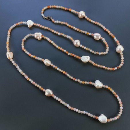 Collana Lunga Pietre Dure Agata Brasiliana Pesca Con Perle Di Fiume Beige Barocche 120cm E Chiusura In Argento 925