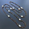 Collana Lunga Pietre Dure Agata Brasiliana Marrone Con Perle Di Fiume Irregolare 110cm E Chiusura In Argento 925