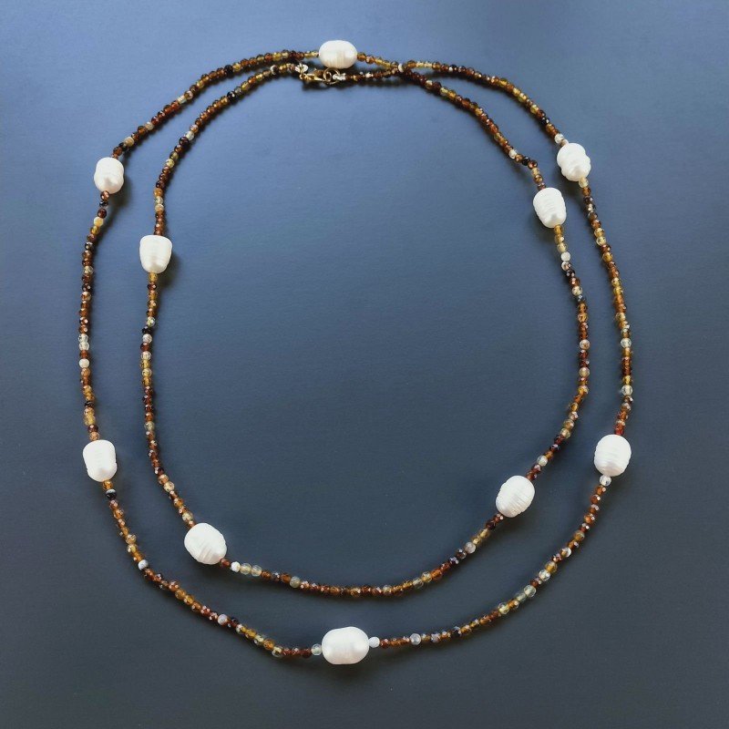 Collana Lunga Pietre Dure Agata Brasiliana Marrone Con Perle Di Fiume Irregolare 110cm E Chiusura In Argento 925