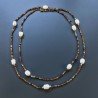 Collana Lunga Pietre Dure Agata Brasiliana Marrone Con Perle Di Fiume Irregolare 110cm E Chiusura In Argento 925