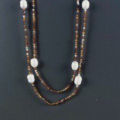 Collana Lunga Pietre Dure Agata Brasiliana Marrone Con Perle Di Fiume Irregolare 110cm E Chiusura In Argento 925