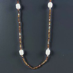 Collana Lunga Pietre Dure Agata Brasiliana Marrone Con Perle Di Fiume Irregolare 110cm E Chiusura In Argento 925