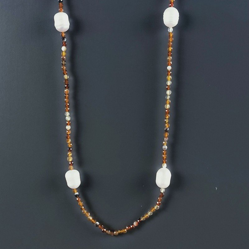 Collana Lunga Pietre Dure Agata Brasiliana Marrone Con Perle Di Fiume Irregolare 110cm E Chiusura In Argento 925