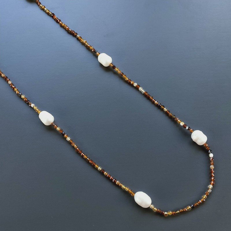 Collana Lunga Pietre Dure Agata Brasiliana Marrone Con Perle Di Fiume Irregolare 110cm E Chiusura In Argento 925