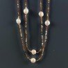 Collana Lunga Pietre Dure Agata Brasiliana Marrone Con Perle Di Fiume Beige Barocche 110cm E Chiusura In Argento 925