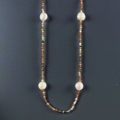 Collana Lunga Pietre Dure Agata Brasiliana Marrone Con Perle Di Fiume Beige Barocche 110cm E Chiusura In Argento 925