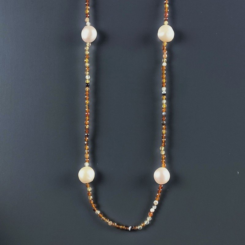 Collana Lunga Pietre Dure Agata Brasiliana Marrone Con Perle Di Fiume Beige Barocche 110cm E Chiusura In Argento 925